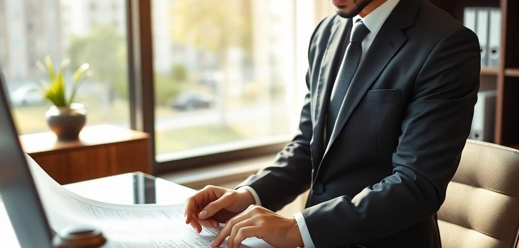 Advogado especializado analisando documentos de leilão de imóvel
