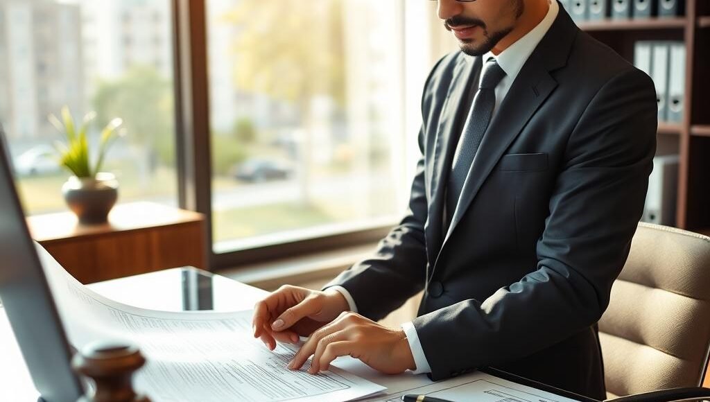 Advogado especializado analisando documentos de leilão de imóvel