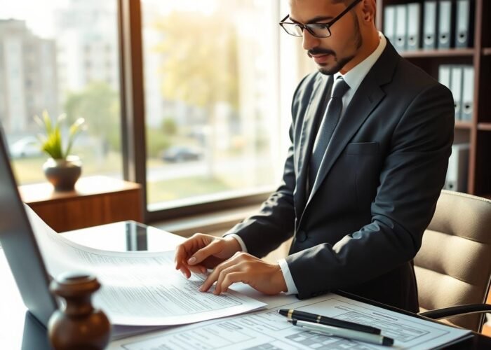 Advogado especializado analisando documentos de leilão de imóvel