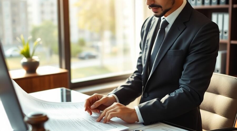 Advogado especializado analisando documentos de leilão de imóvel