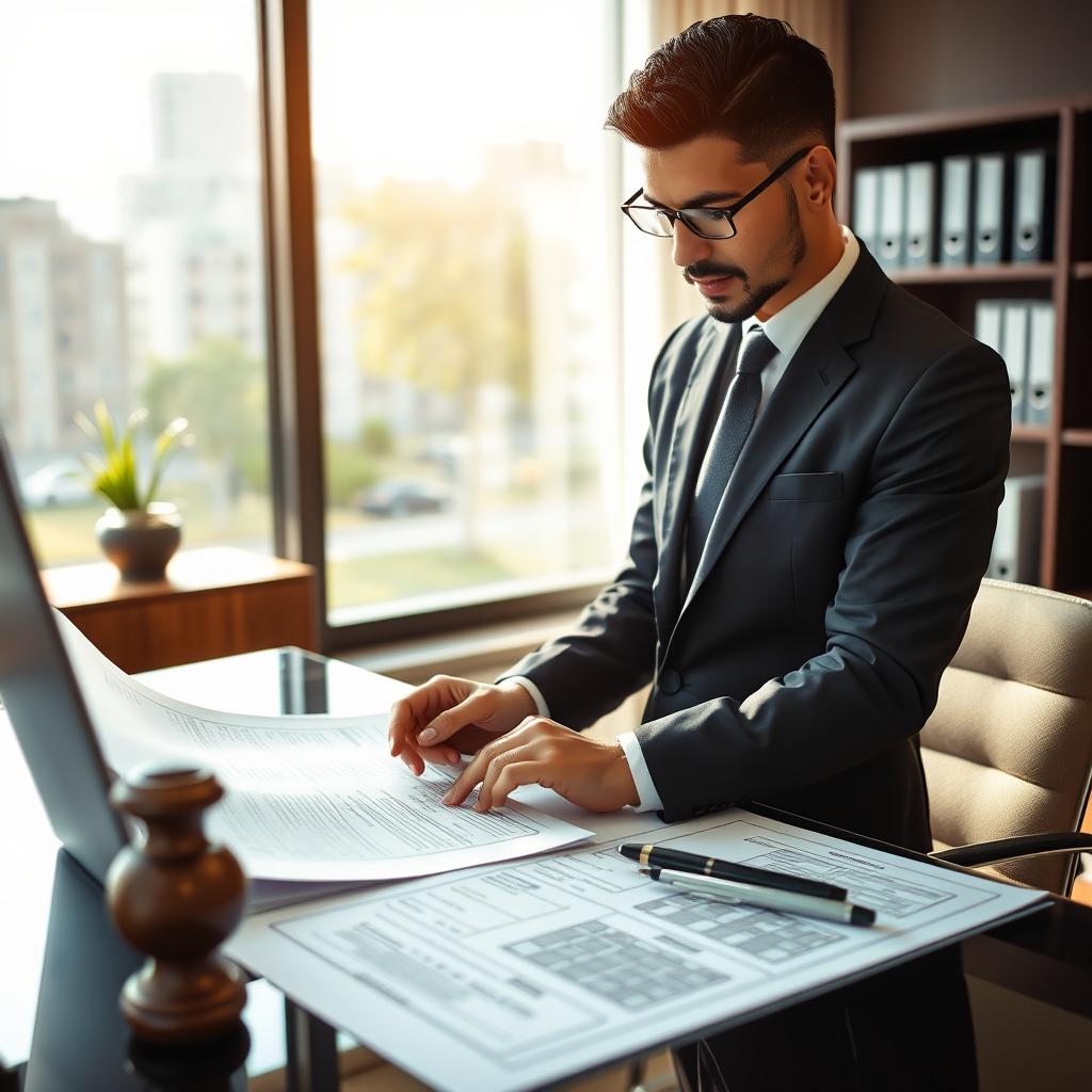 Advogado especializado analisando documentos de leilão de imóvel