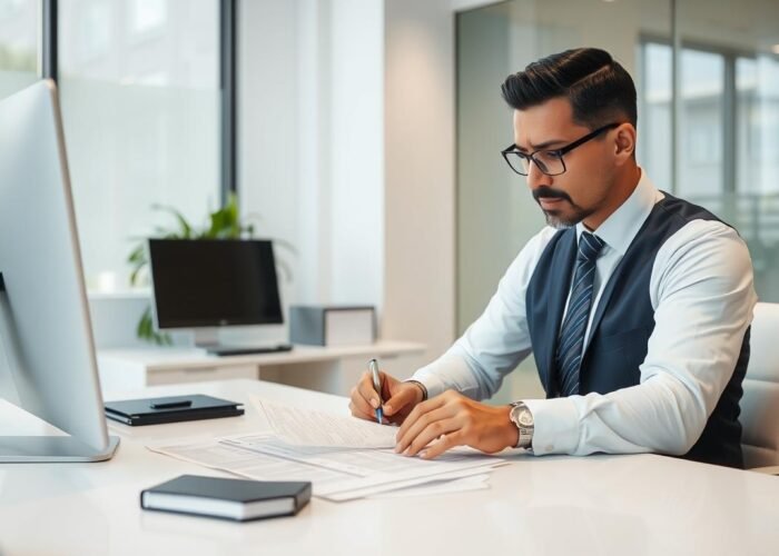 Advogado especializado analisando documentos de matrícula de imóvel após inventário