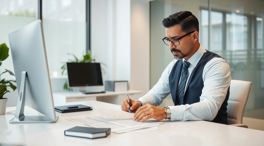 Advogado especializado analisando documentos de matrícula de imóvel após inventário