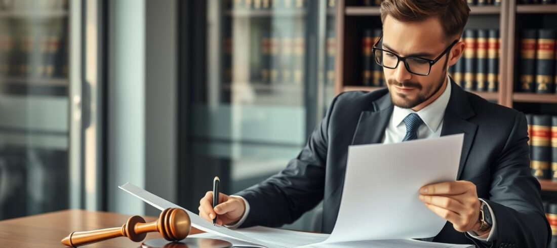 Advogado especializado analisando documentos de regularização de imóvel adjudicado em leilão