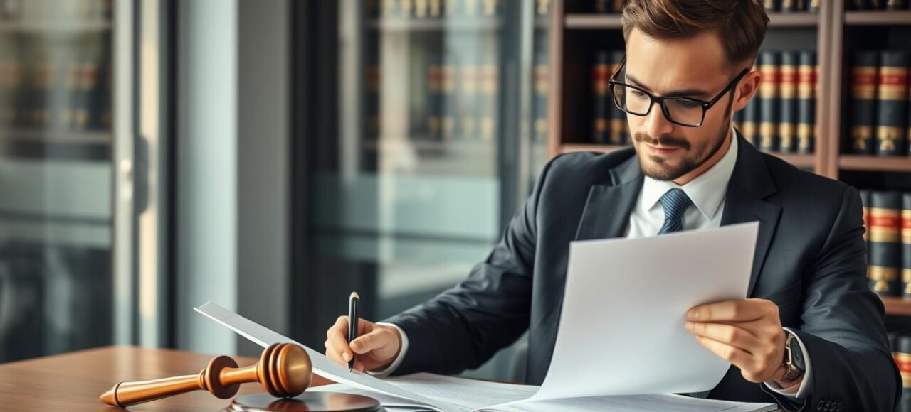 Advogado especializado analisando documentos de regularização de imóvel adjudicado em leilão