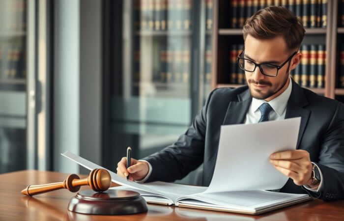 Advogado especializado analisando documentos de regularização de imóvel adjudicado em leilão