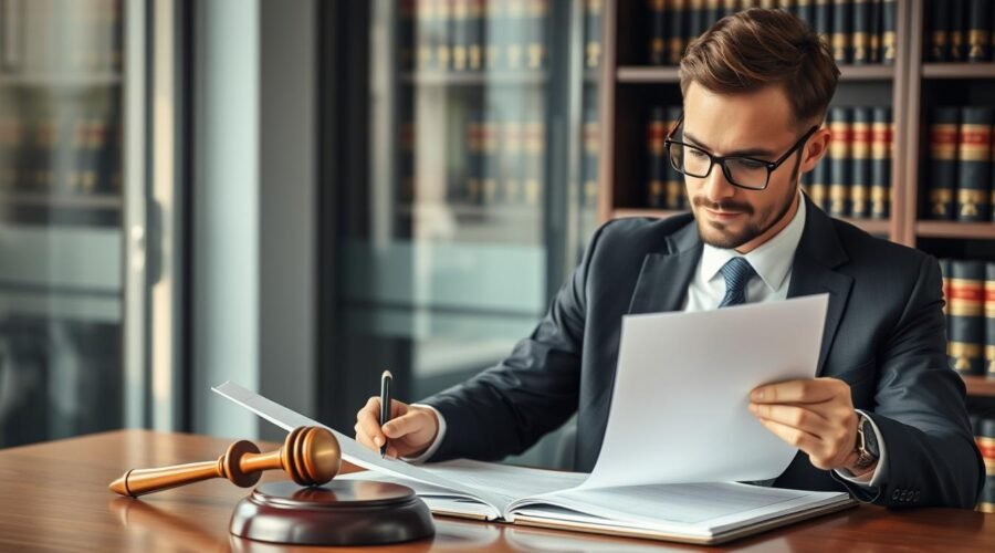 Advogado especializado analisando documentos de regularização de imóvel adjudicado em leilão