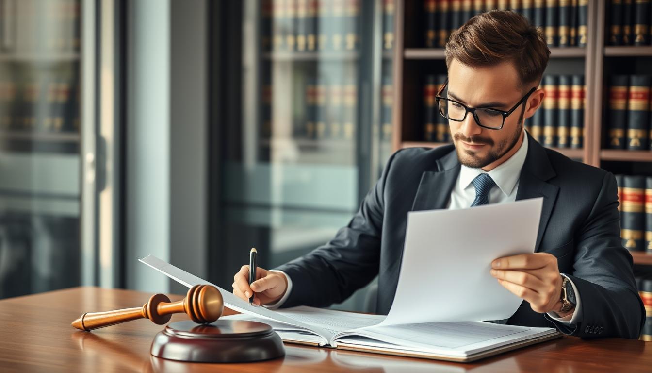 Advogado especializado analisando documentos de regularização de imóvel adjudicado em leilão