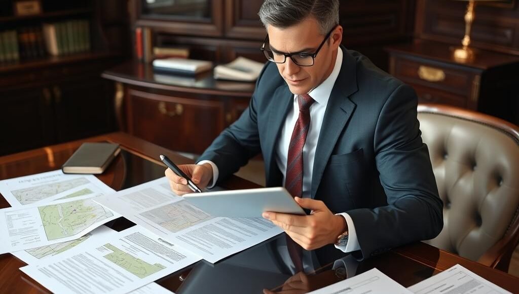 Advogado especializado analisando documentos de unificação de terrenos