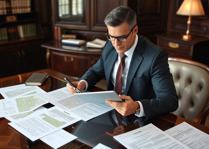 Advogado especializado analisando documentos de unificação de terrenos