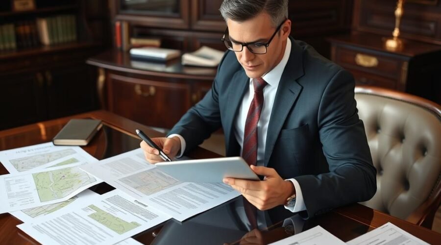 Advogado especializado analisando documentos de unificação de terrenos