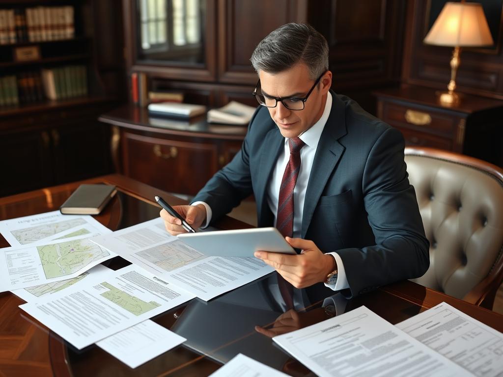 Advogado especializado analisando documentos de unificação de terrenos