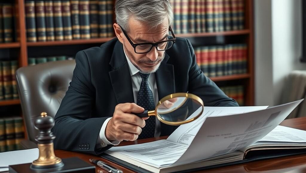 Advogado especializado analisando documentos imobiliários e identificando débitos ocultos