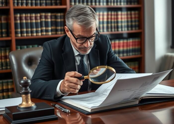 Advogado especializado analisando documentos imobiliários e identificando débitos ocultos