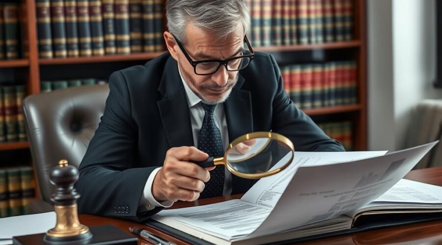 Advogado especializado analisando documentos imobiliários e identificando débitos ocultos