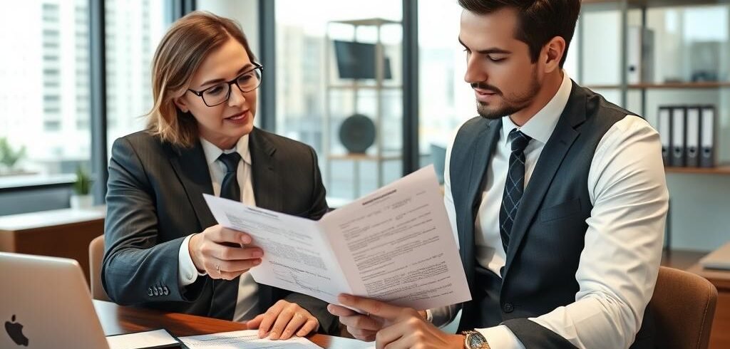 Advogado-especializado-analisando-matricula-do-imovel-e-documentos-de-propriedade-com-cliente Advogado especializado analisando matrícula do imóvel e documentos de propriedade com cliente