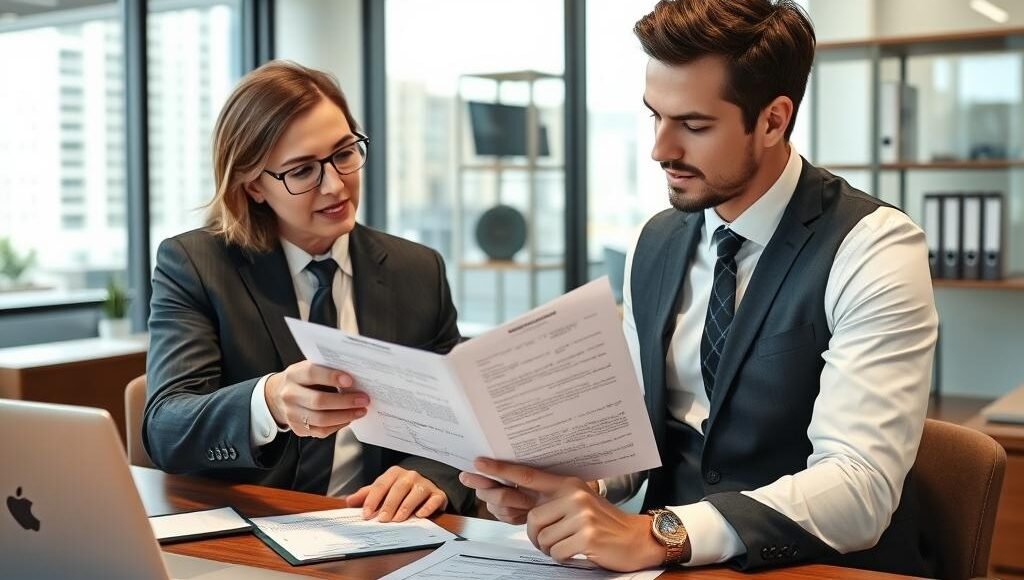 Advogado especializado analisando matrícula do imóvel e documentos de propriedade com cliente
