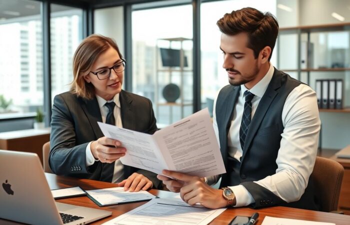 Advogado especializado analisando matrícula do imóvel e documentos de propriedade com cliente