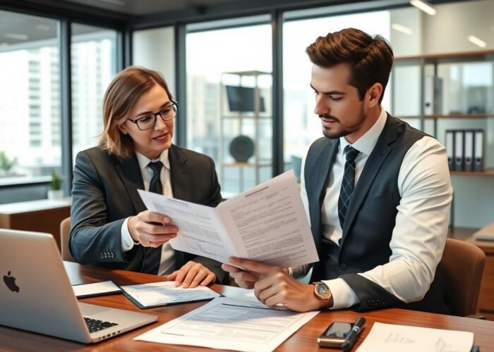 Advogado especializado analisando matrícula do imóvel e documentos de propriedade com cliente