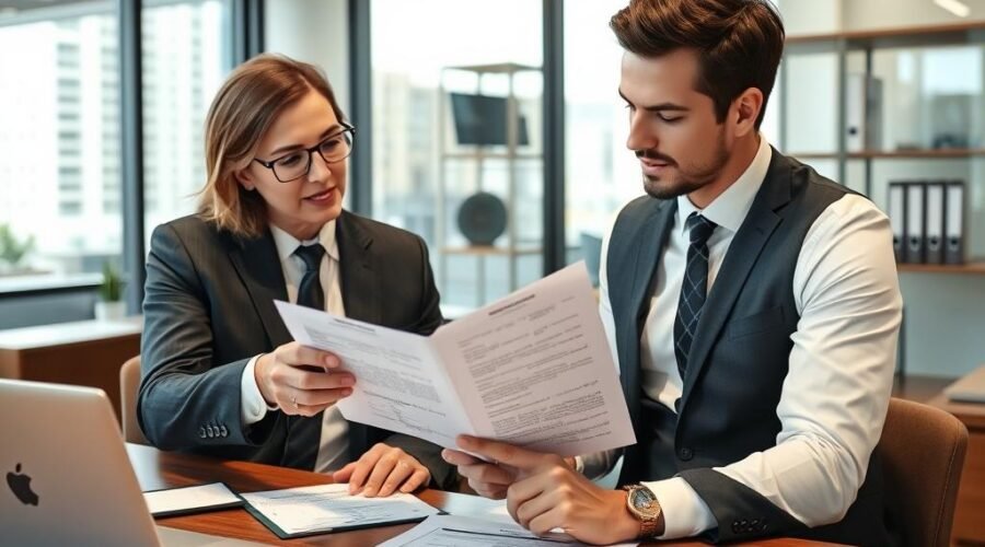 Advogado especializado analisando matrícula do imóvel e documentos de propriedade com cliente