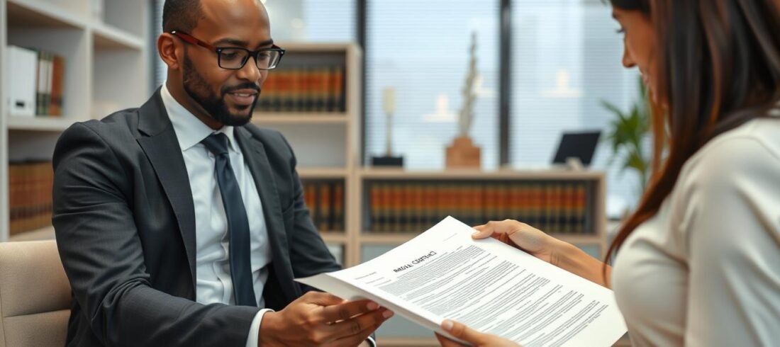 Advogado-especializado-analisando-um-contrato-de-locacao-com-cliente Advogado especializado analisando um contrato de locação com cliente