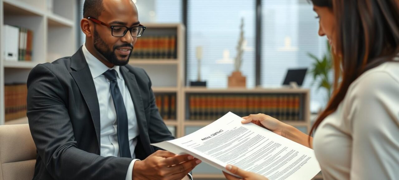 Advogado especializado analisando um contrato de locação com cliente
