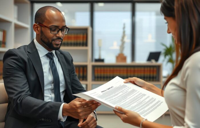 Advogado-especializado-analisando-um-contrato-de-locacao-com-cliente Advogado especializado analisando um contrato de locação com cliente