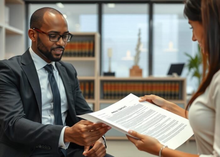 Advogado especializado analisando um contrato de locação com cliente