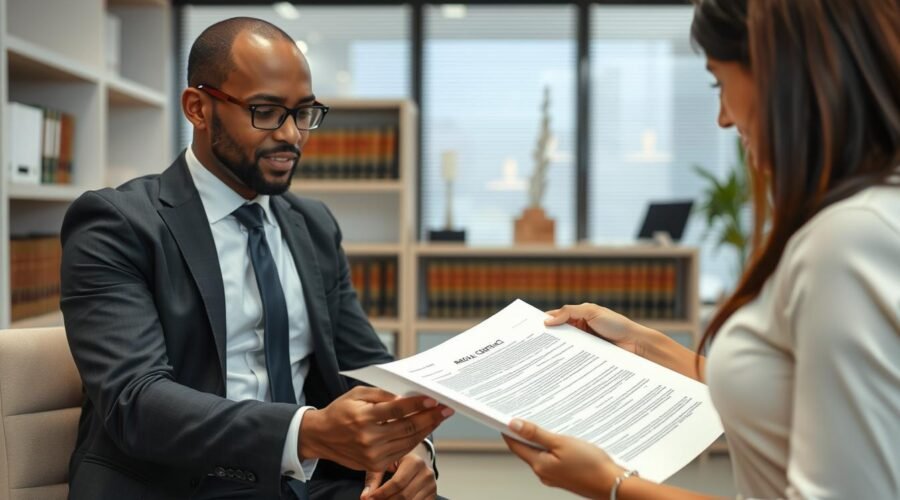 Advogado especializado analisando um contrato de locação com cliente
