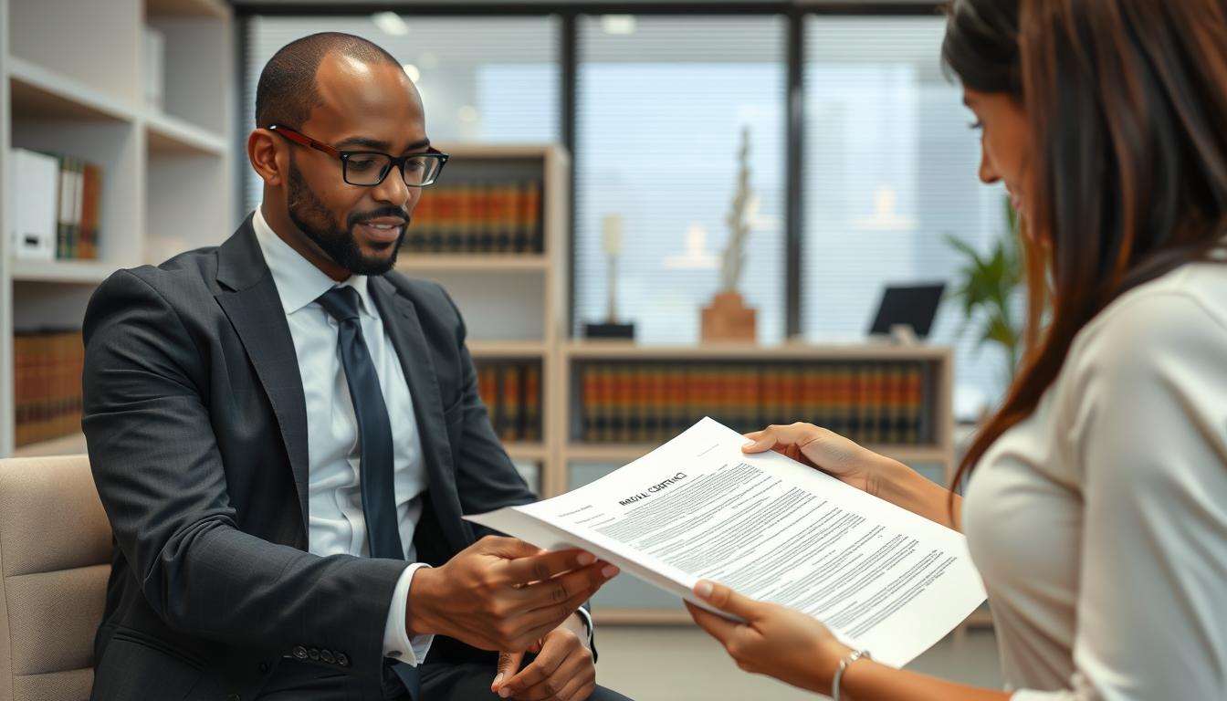 Advogado especializado analisando um contrato de locação com cliente