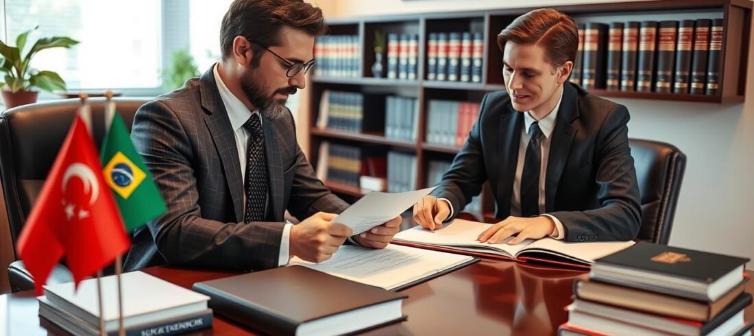 Advogado especializado em cidadania portuguesa analisando documentos com cliente