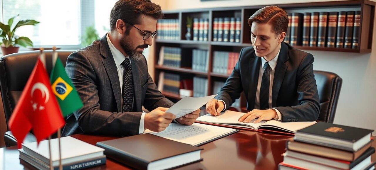 Advogado especializado em cidadania portuguesa analisando documentos com cliente