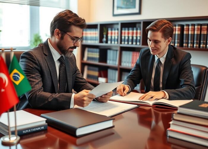 Advogado especializado em cidadania portuguesa analisando documentos com cliente