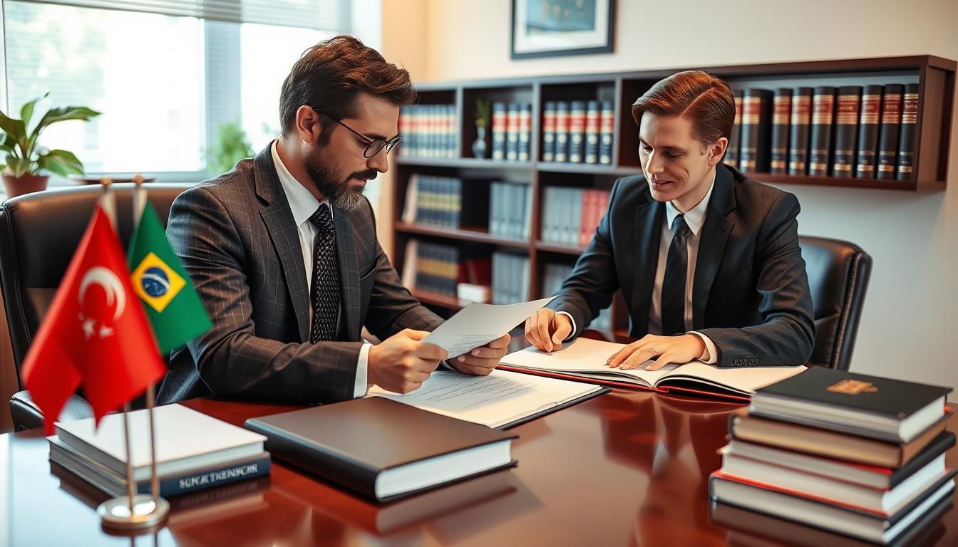 Advogado especializado em cidadania portuguesa analisando documentos com cliente