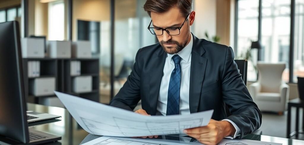Advogado especializado em direito imobiliário analisando documentos de averbação de construção no registro de imóveis