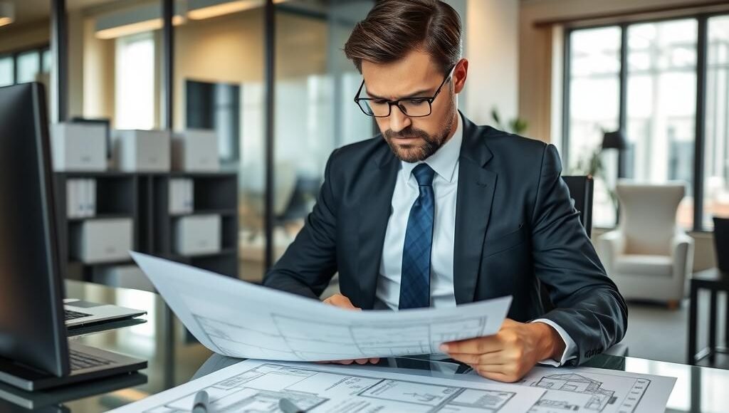 Advogado especializado em direito imobiliário analisando documentos de averbação de construção no registro de imóveis