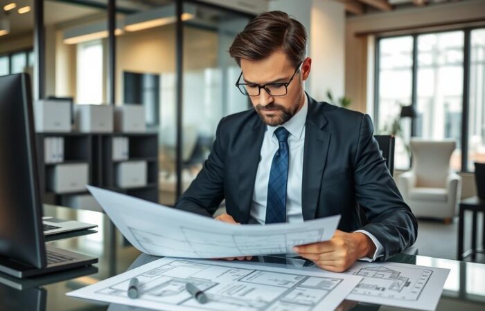 Advogado-especializado-em-direito-imobiliario-analisando-documentos-de-averbacao-de-construcao- Advogado especializado em direito imobiliário analisando documentos de averbação de construção no registro de imóveis