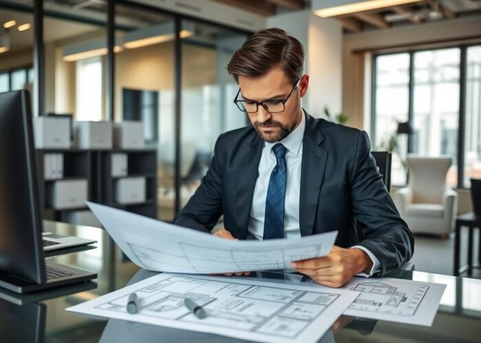 Advogado especializado em direito imobiliário analisando documentos de averbação de construção no registro de imóveis