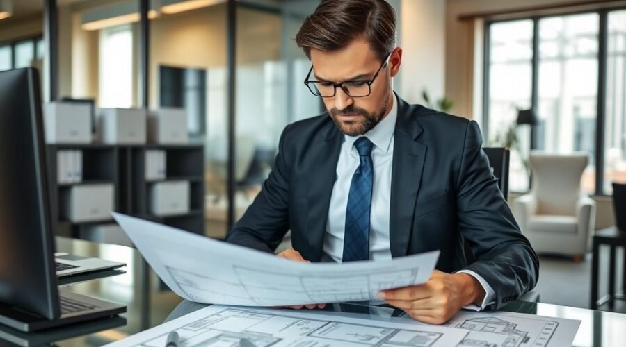 Advogado especializado em direito imobiliário analisando documentos de averbação de construção no registro de imóveis