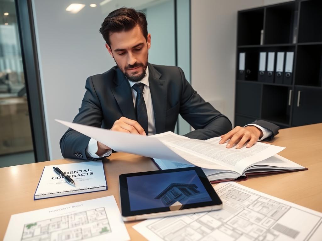 Advogado especializado em direito imobiliário analisando documentos de locação
