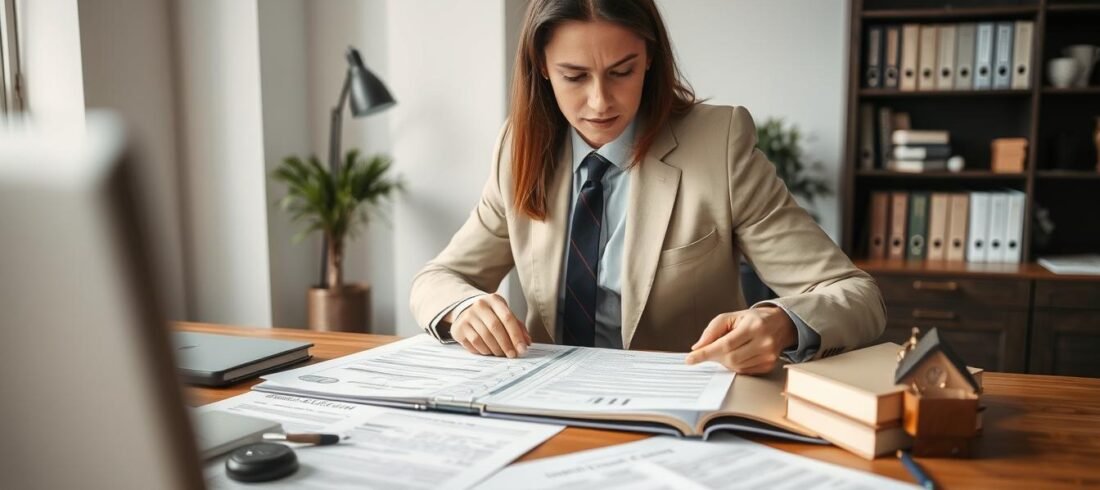 Advogado-especializado-em-direito-sucessorio-analisando-documentos-de-vender-parte-imovel Advogado especializado em direito sucessório analisando documentos de vender parte imóvel herdado