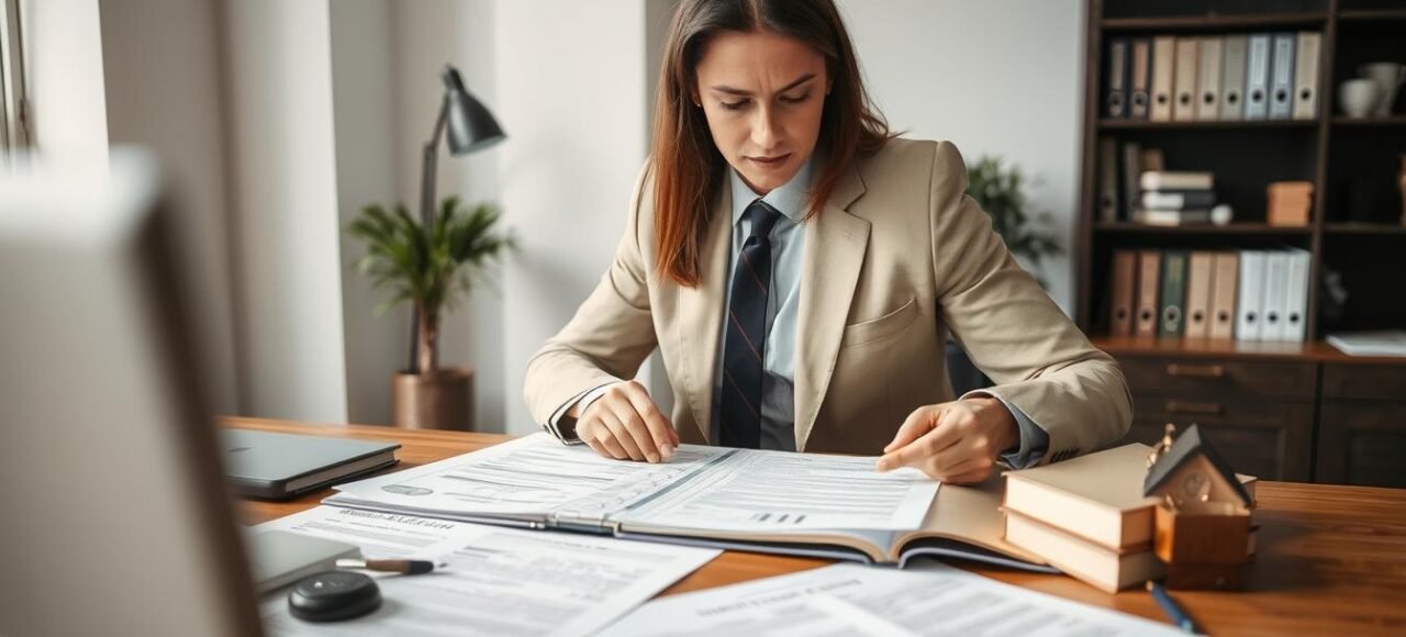 Advogado especializado em direito sucessório analisando documentos de vender parte imóvel herdado