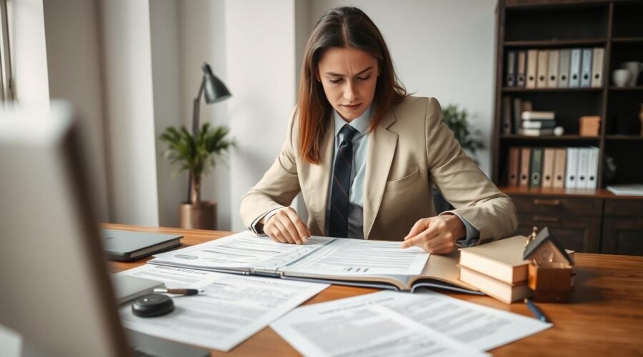 Advogado especializado em direito sucessório analisando documentos de vender parte imóvel herdado