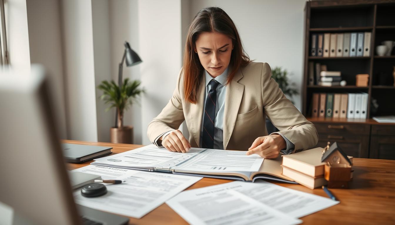 Advogado especializado em direito sucessório analisando documentos de vender parte imóvel herdado