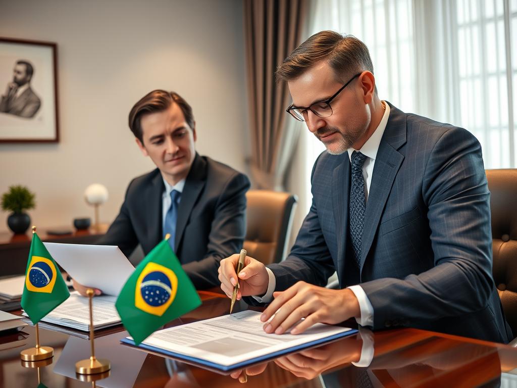 Advogado especializado em dupla cidadania analisando documentos com cliente Advogado especializado em dupla cidadania analisando documentos com cliente