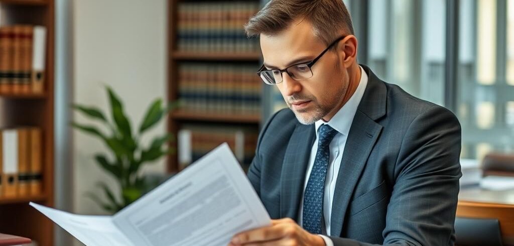 Advogado especializado em inventário analisando documentos de terreno herdado