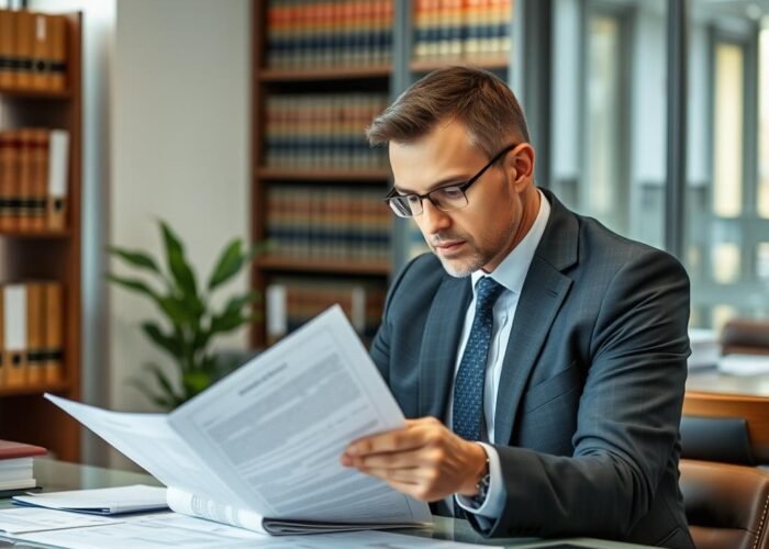 Advogado especializado em inventário analisando documentos de terreno herdado