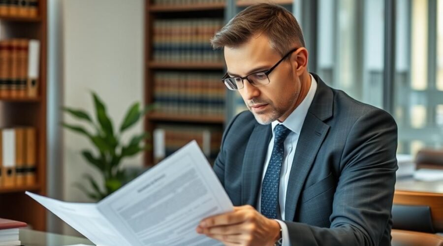Advogado especializado em inventário analisando documentos de terreno herdado