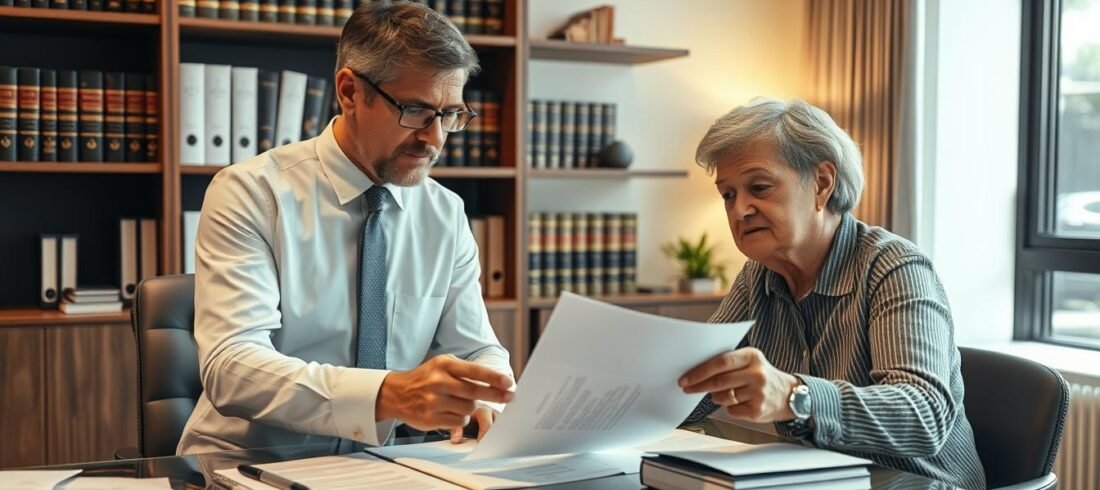 Advogado especializado em inventário do imóvel que ficou de herança analisando documentos com cliente