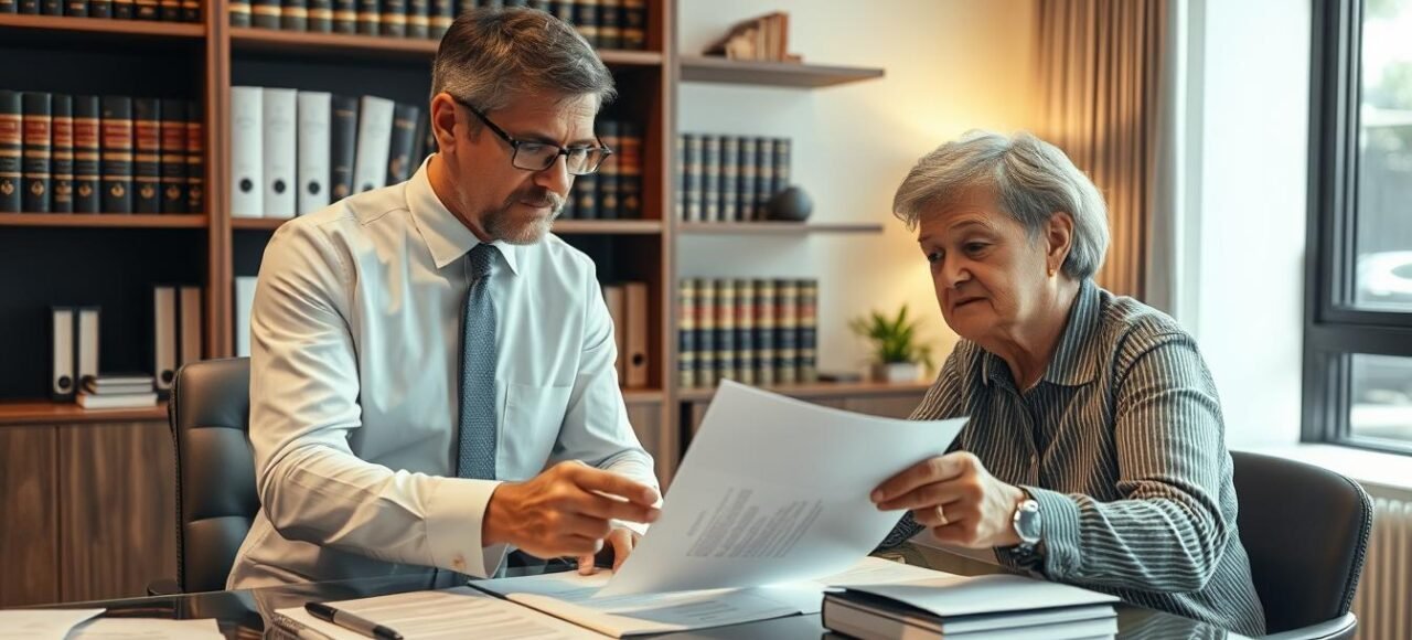 Advogado especializado em inventário do imóvel que ficou de herança analisando documentos com cliente